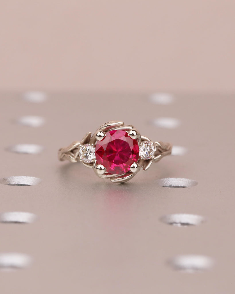 Round Ruby Engagement Ring, Vintage 14k White Gold Nature Inspired Ring, Promise Ring for Her, Art Deco Wedding Rings, Unique Bridal Jewelry image #12