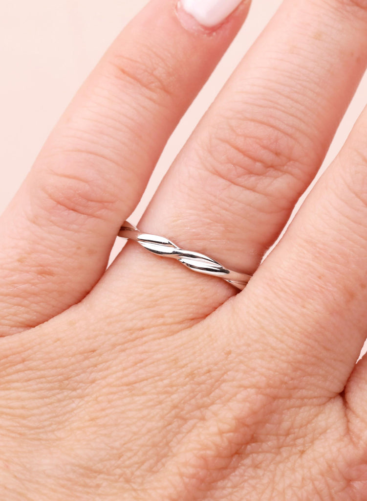 14k Solid White Gold Twisted Wedding Band Women, Dainty Infinity Stacking Ring, Thin Gold Band, Promise Ring