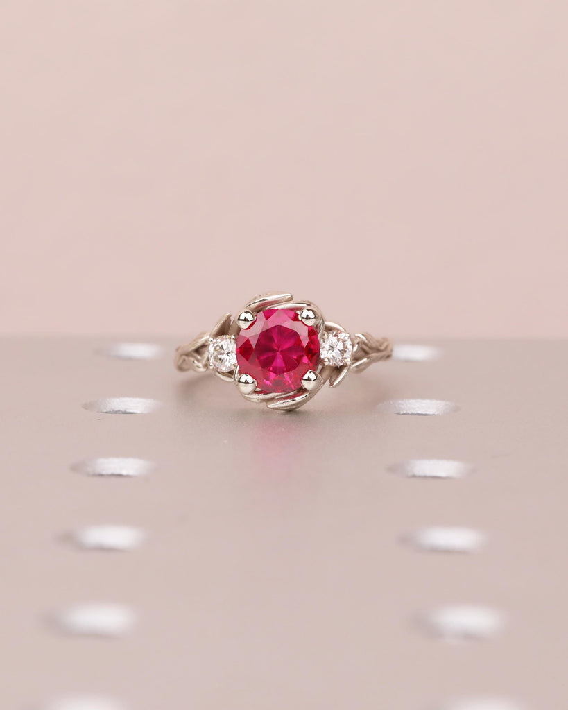 14k Gold Ruby Ring for Women, Vintage Engagement Ring, Three Stone Nature Jewelry image #2