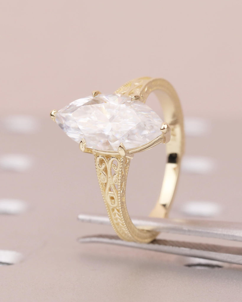 Marquise Moissanite Engagement Ring, Art Deco 14k Gold Promise Ring for Her, Milgrain Statement Rings, Filigree Band, Antique Bridal Jewelry image #15