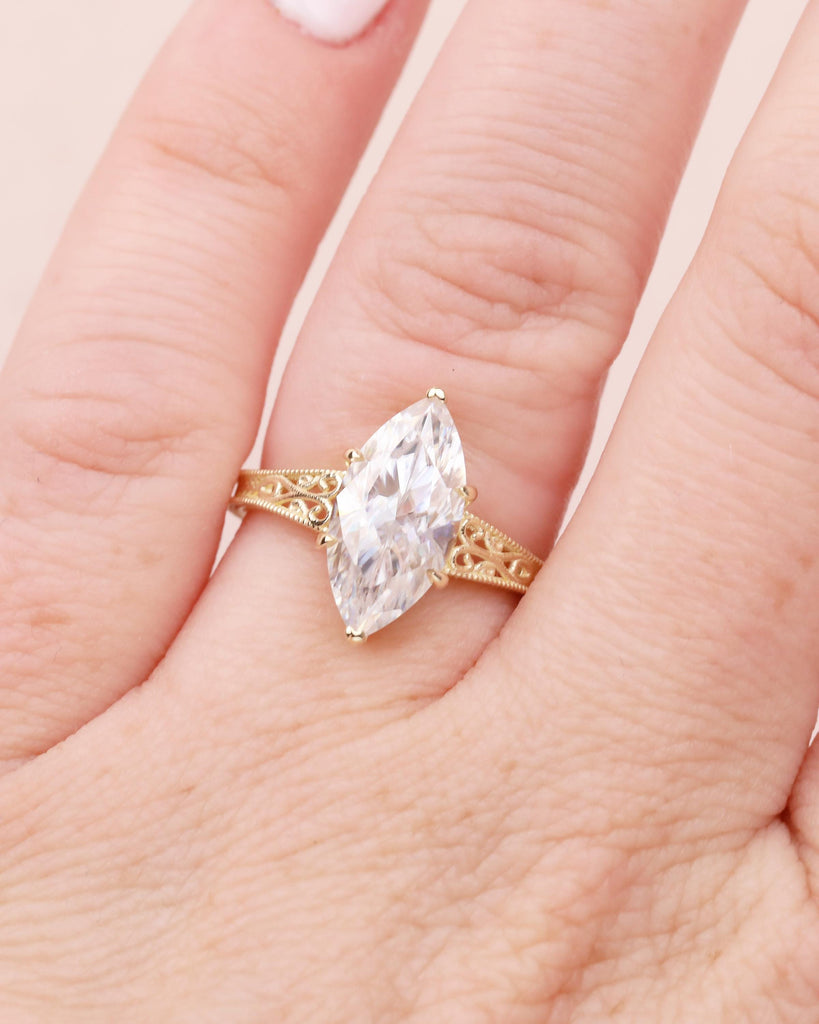 Marquise Lab Grown Diamond Engagement Ring, Vintage Heirloom Ring, Victorian Filigree Band, Milgrain 14k Yellow Gold Wedding Rings for Women image #9