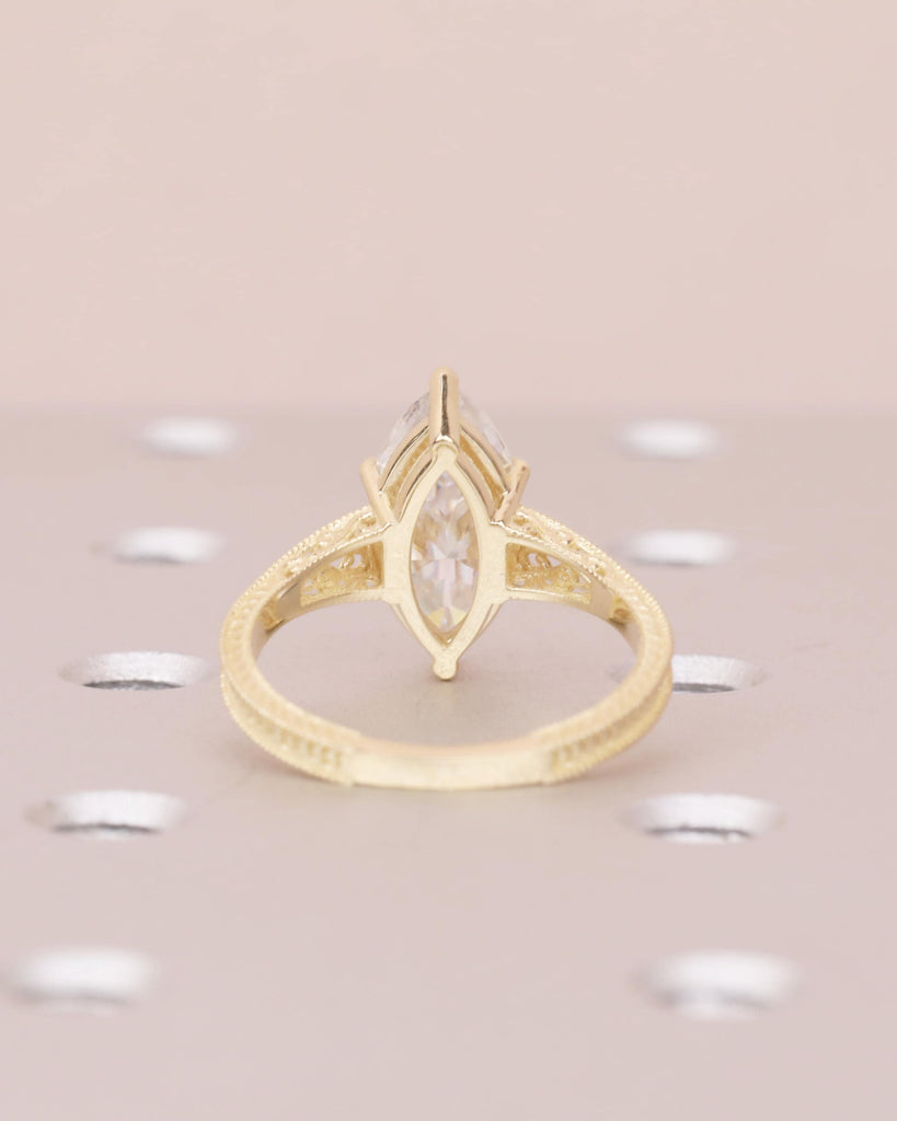 Marquise Lab Grown Diamond Engagement Ring, Vintage Heirloom Ring, Victorian Filigree Band, Milgrain 14k Yellow Gold Wedding Rings for Women image #6
