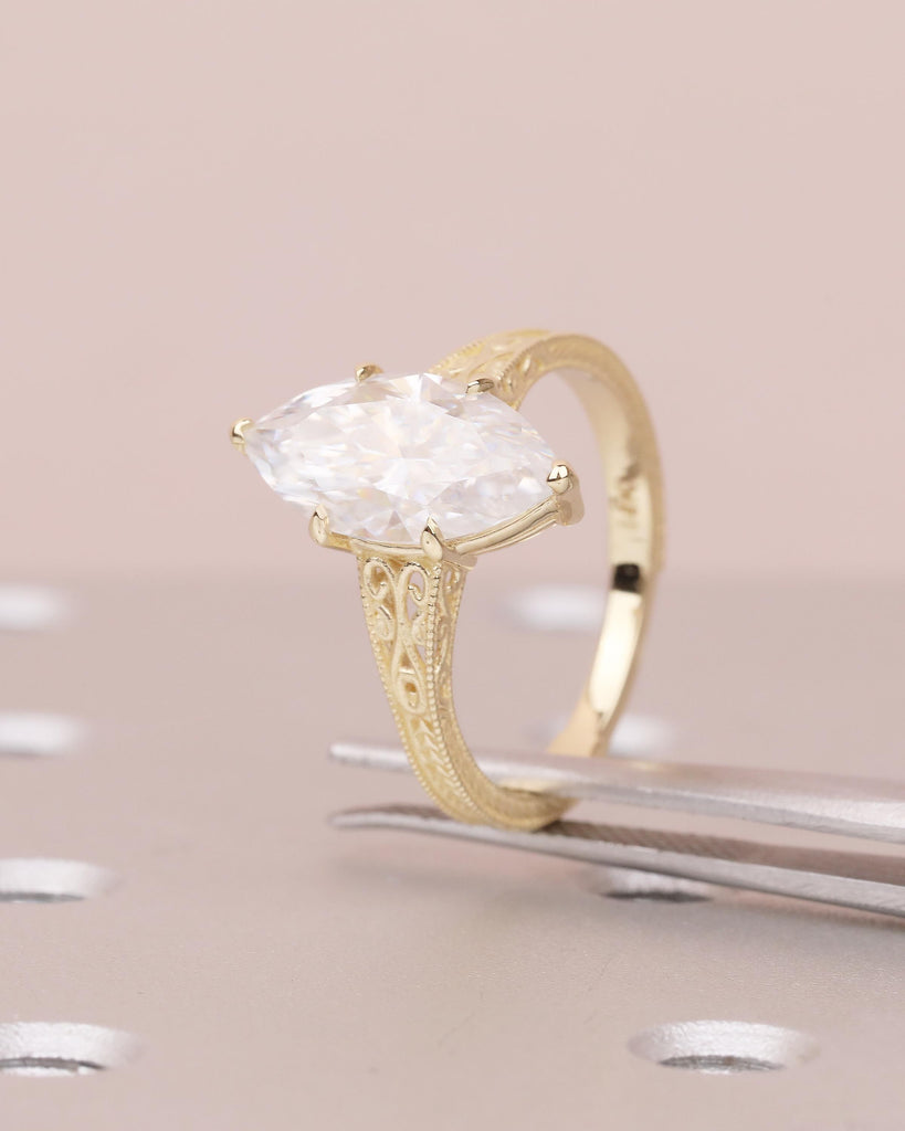 Marquise Lab Grown Diamond Engagement Ring, Vintage Heirloom Ring, Victorian Filigree Band, Milgrain 14k Yellow Gold Wedding Rings for Women image #13
