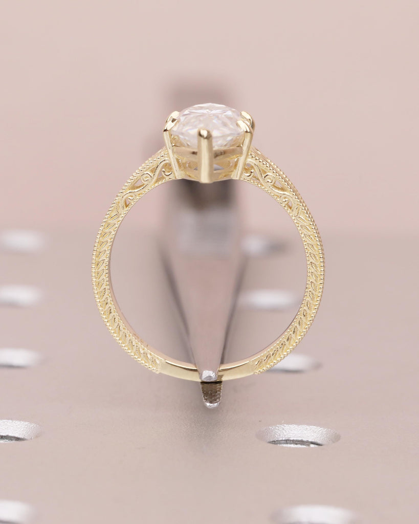 Marquise Lab Grown Diamond Engagement Ring, Vintage Heirloom Ring, Victorian Filigree Band, Milgrain 14k Yellow Gold Wedding Rings for Women image #7
