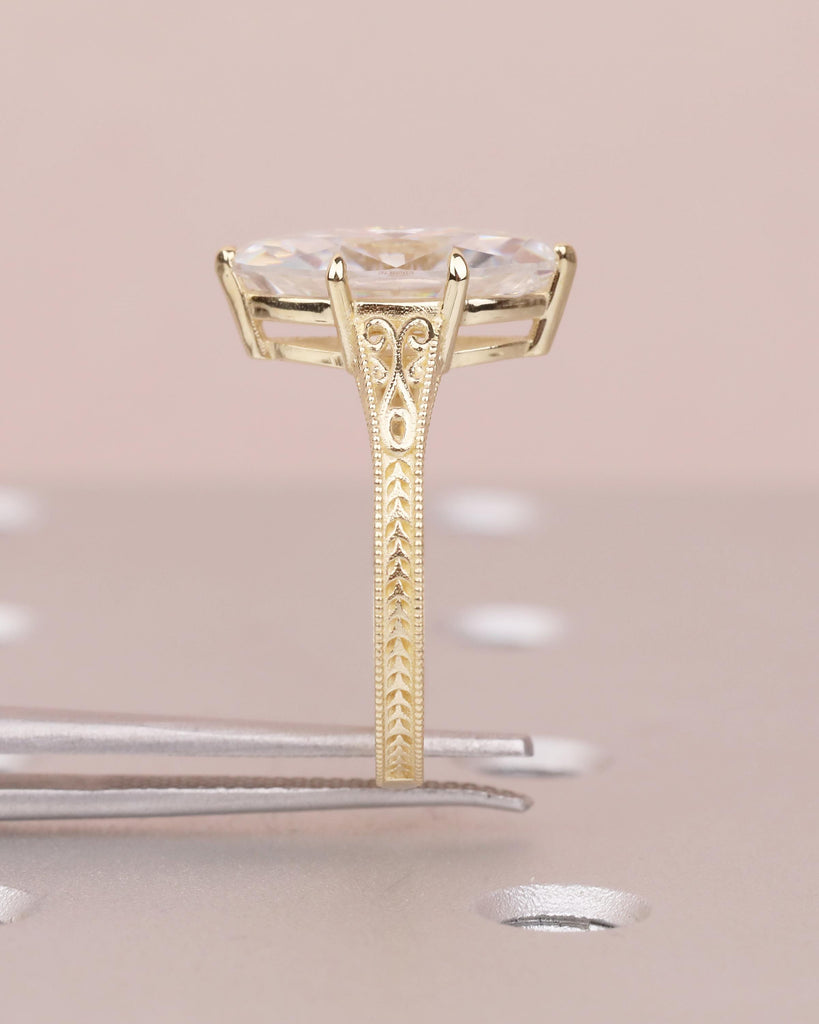 Marquise Lab Grown Diamond Engagement Ring, Vintage Heirloom Ring, Victorian Filigree Band, Milgrain 14k Yellow Gold Wedding Rings for Women image #8