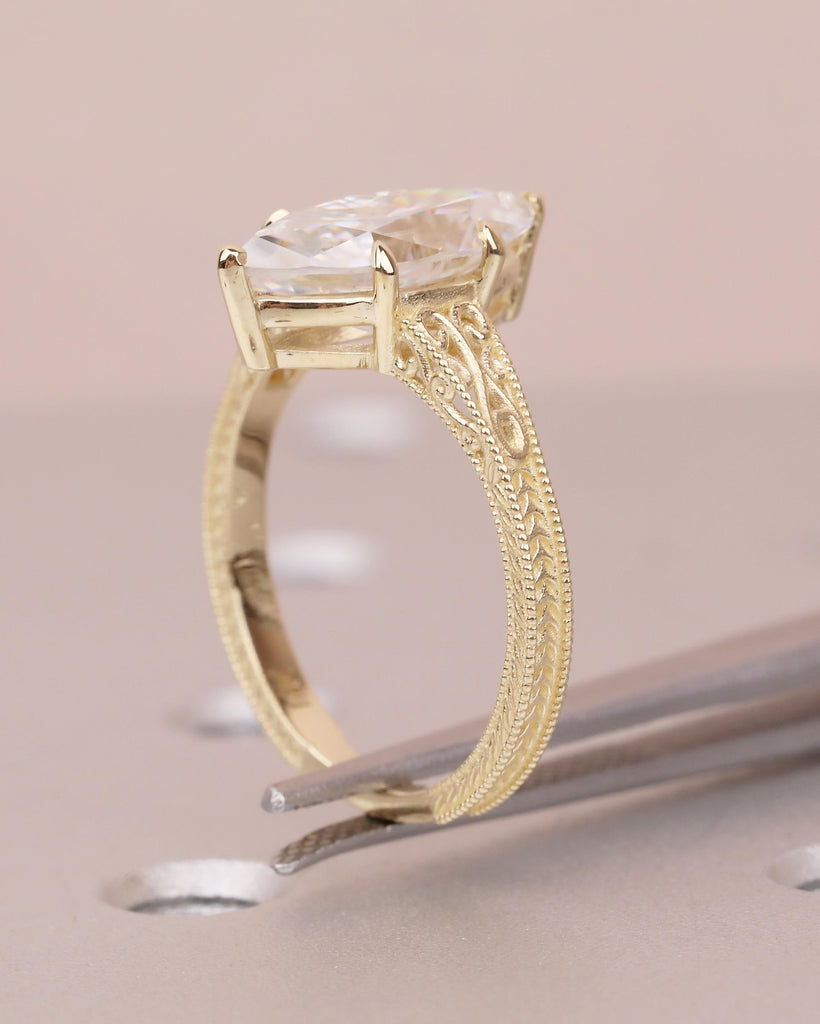 Marquise Lab Grown Diamond Engagement Ring, Vintage Heirloom Ring, Victorian Filigree Band, Milgrain 14k Yellow Gold Wedding Rings for Women image #5