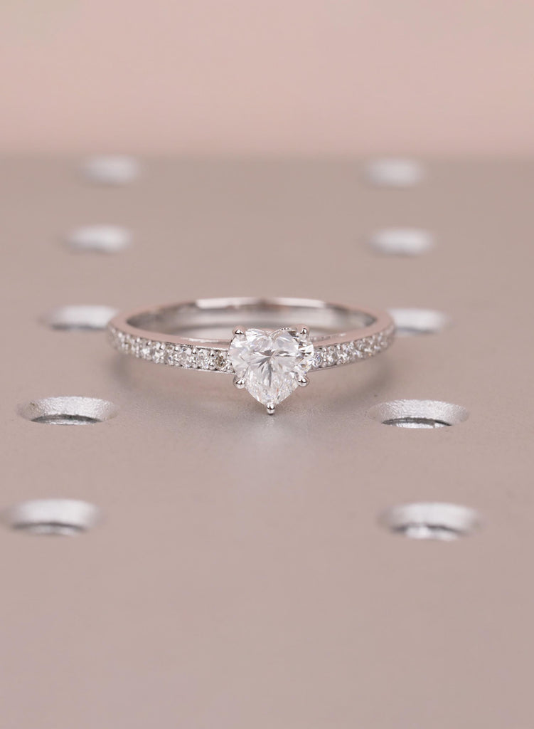 Heart Moissanite Ring, 14k White Gold Pave Side Stones Diamond Engagement Ring, Promise Ring for Her, Anniversary Wedding Bridal Jewelry image #6
