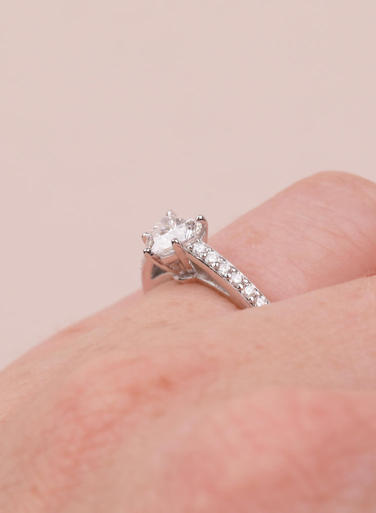 Heart Moissanite Ring, 14k White Gold Pave Side Stones Diamond Engagement Ring, Promise Ring for Her, Anniversary Wedding Bridal Jewelry image #13