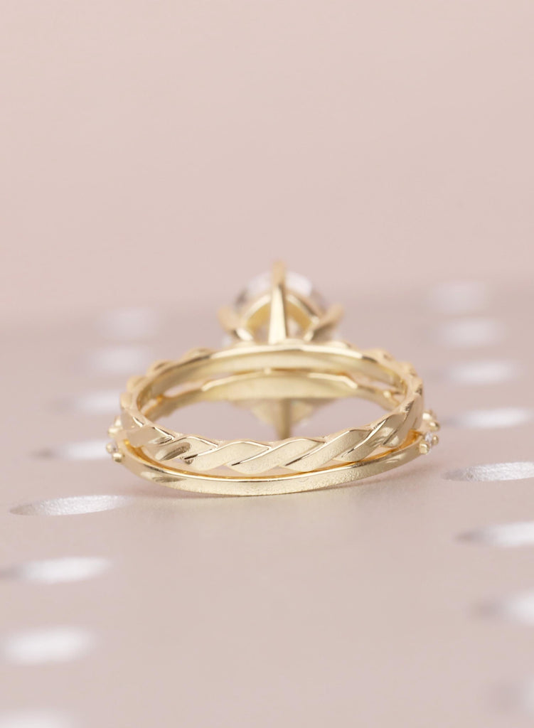 Art Deco Moissanite Ring Set, 14K Yellow Gold Oval Moissanite Engagement Ring, Twisted Matching Wedding Band, Custom Wedding Ring For Her image #4