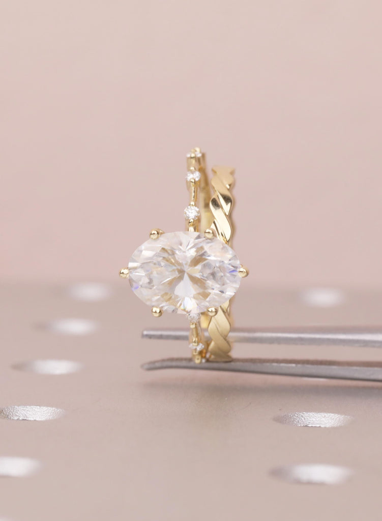 Art Deco Moissanite Ring Set, 14K Yellow Gold Oval Moissanite Engagement Ring, Twisted Matching Wedding Band, Custom Wedding Ring For Her image #8