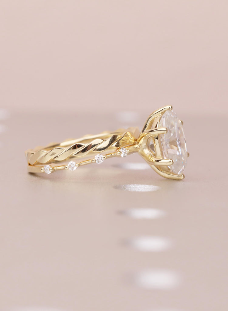 Art Deco Moissanite Ring Set, 14K Yellow Gold Oval Moissanite Engagement Ring, Twisted Matching Wedding Band, Custom Wedding Ring For Her image #2