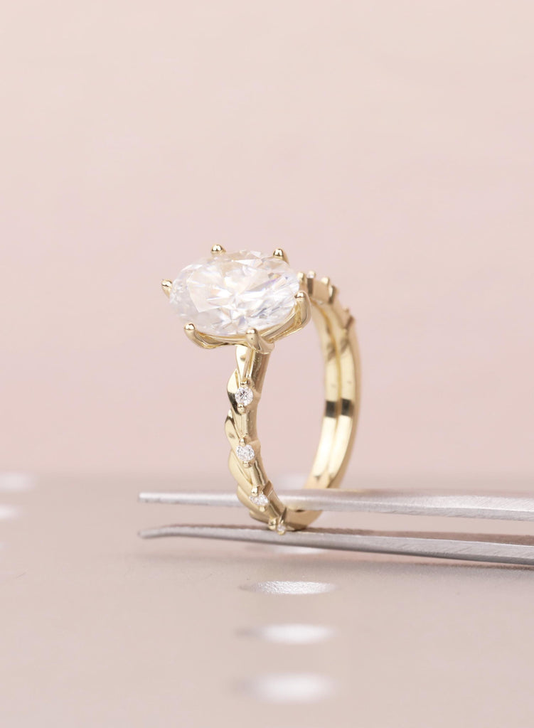 Art Deco Moissanite Ring Set, 14K Yellow Gold Oval Moissanite Engagement Ring, Twisted Matching Wedding Band, Custom Wedding Ring For Her image #6