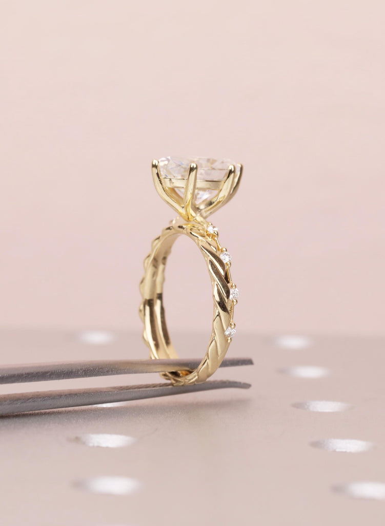Art Deco Moissanite Ring Set, 14K Yellow Gold Oval Moissanite Engagement Ring, Twisted Matching Wedding Band, Custom Wedding Ring For Her image #12