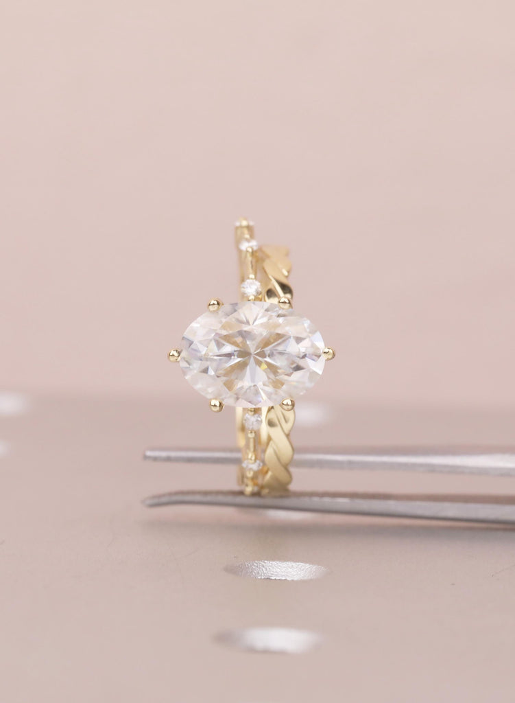 Art Deco Moissanite Ring Set, 14K Yellow Gold Oval Moissanite Engagement Ring, Twisted Matching Wedding Band, Custom Wedding Ring For Her image #9