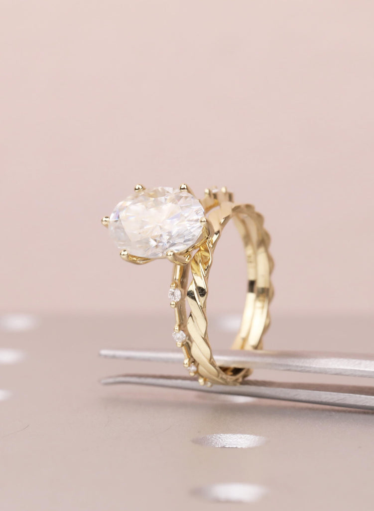 Art Deco Moissanite Ring Set, 14K Yellow Gold Oval Moissanite Engagement Ring, Twisted Matching Wedding Band, Custom Wedding Ring For Her image #7