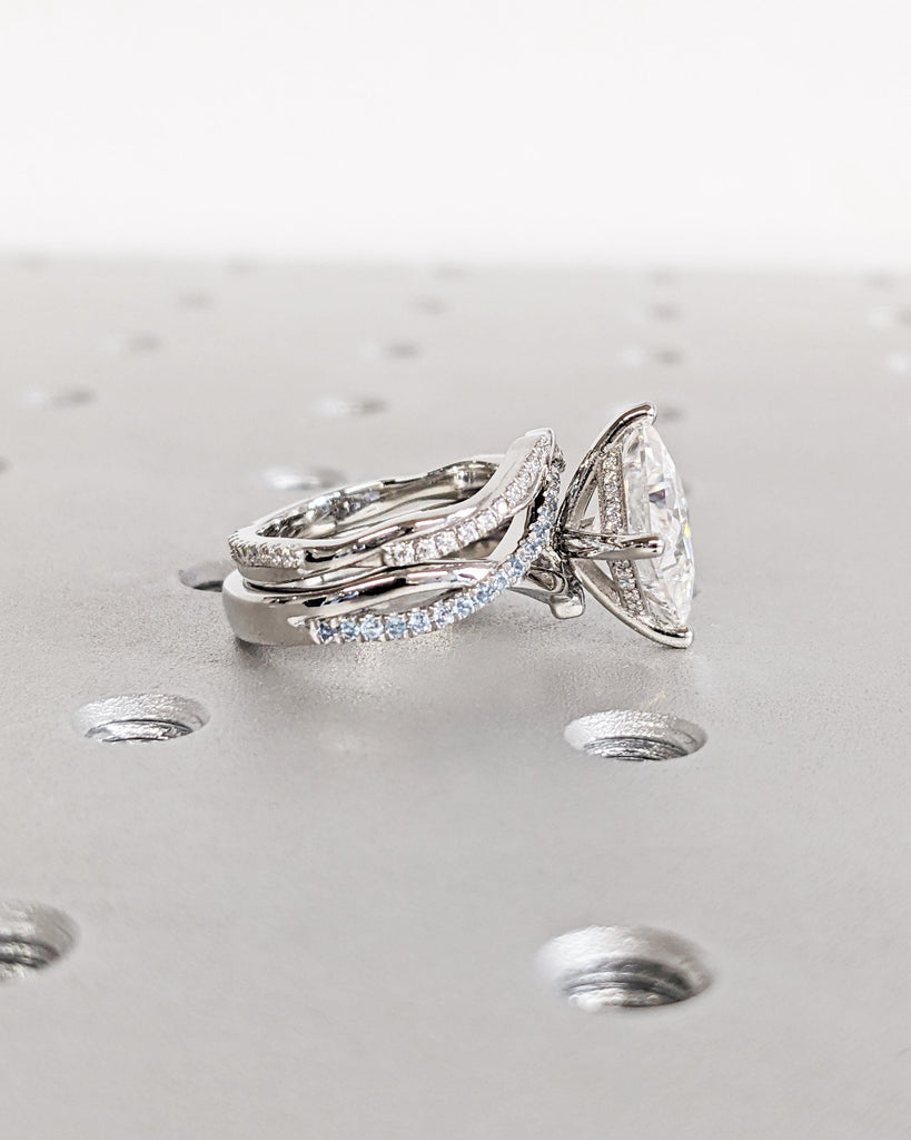 Hidden Halo Bridal Ring Set: Princess Cut Moissanite Ring, Hidden Halo Ring, Twist Band Rings, Aquamarine Accent, Full Eternity Wedding Band
