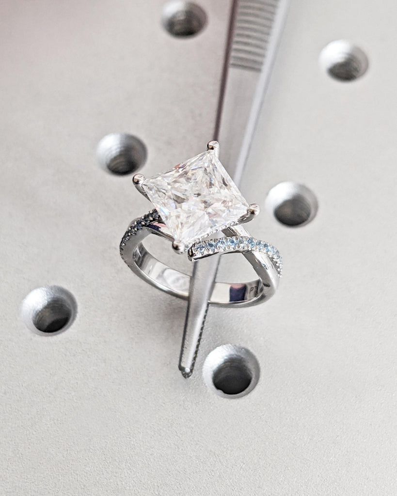 Art Deco Princess Cut Lab Grown Diamond Engagement Ring, Hidden Halo Ring, Aquamarine Side Stones, Vintage Infinity Twist Band, Promise Ring