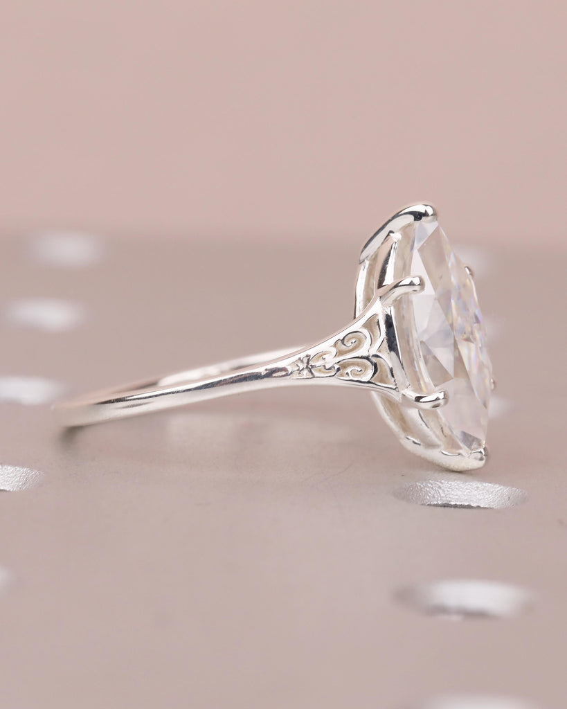 Marquise Engagement Ring, Victorian Sterling Silver Moissanite Rings image #8