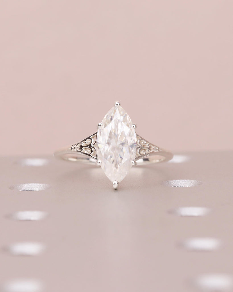 Marquise Engagement Ring, Victorian Sterling Silver Moissanite Rings image #11