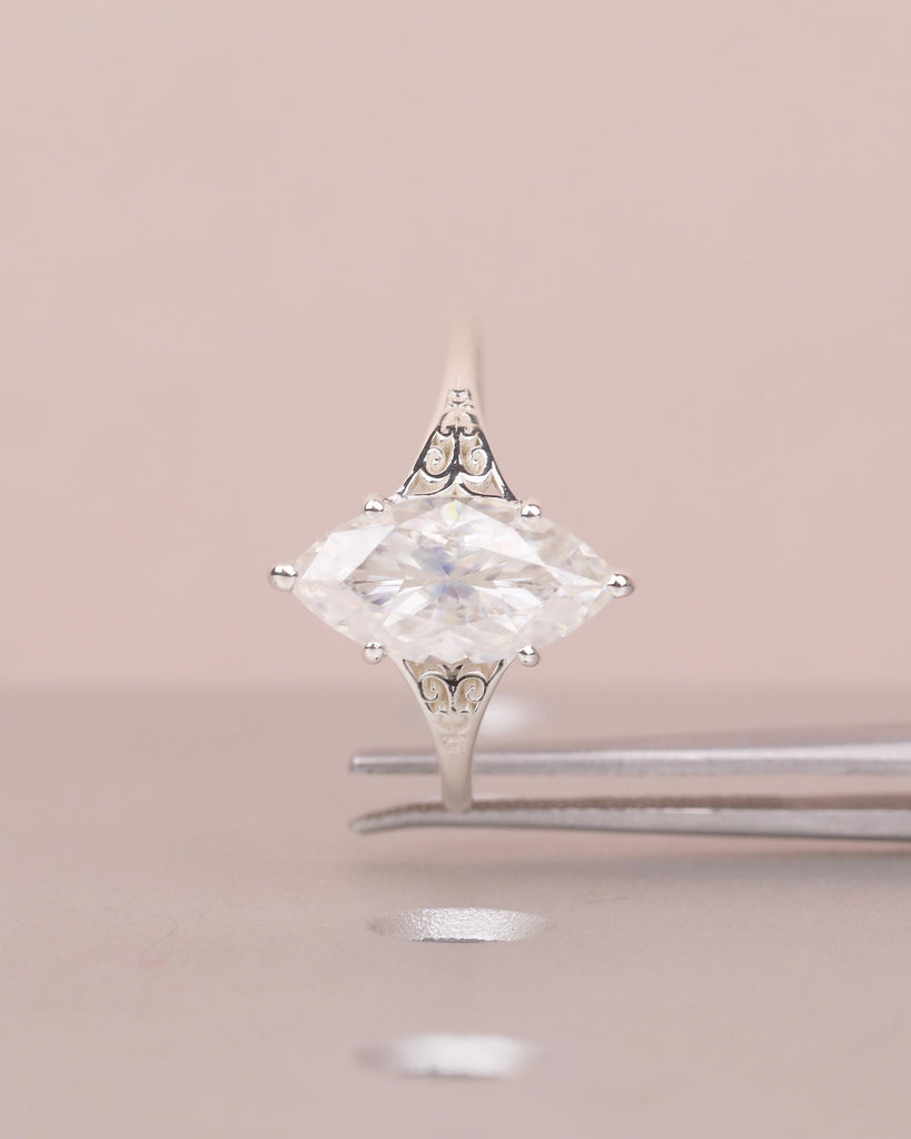 Marquise Engagement Ring, Victorian Sterling Silver Moissanite Rings image #3