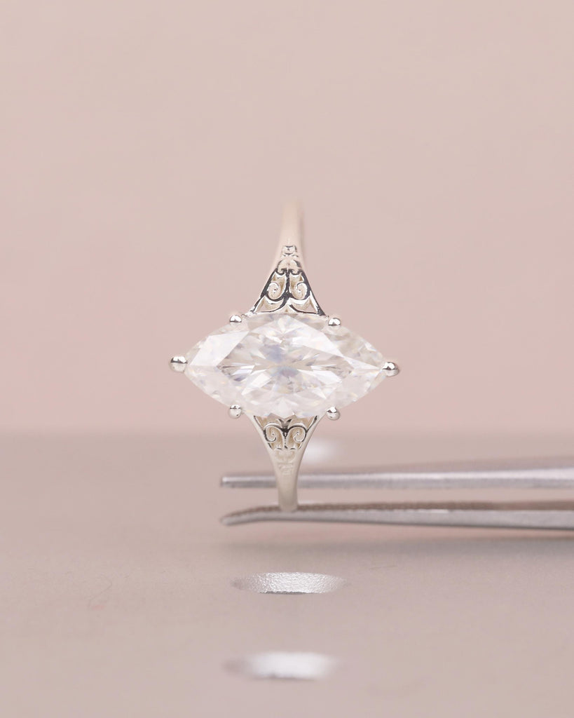 Marquise Lab Diamond Engagement Ring, Vintage Style 925 Sterling Silver Ring image #2