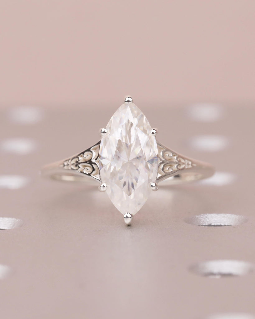 Marquise Engagement Ring, Victorian Sterling Silver Moissanite Rings image #2