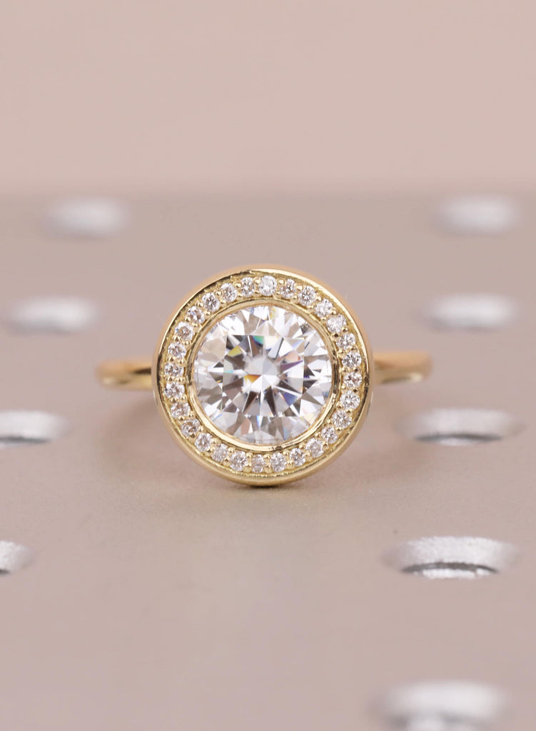 Bezel set Moissanite Ring, 18K Yellow Gold Engagement Ring, Round Diamond Halo Wedding Ring, Unique Promise Ring For Her, Fine Jewelry
