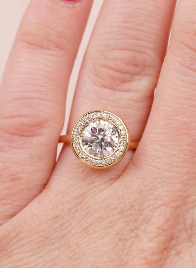 18K Yellow Gold Bezel Set Moissanite Engagement Ring, Round Diamond Halo, Gift for Her