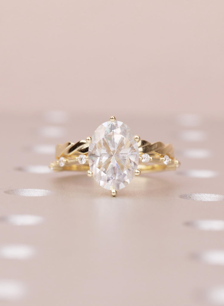 Art Deco Moissanite Ring Set, 14K Yellow Gold Oval Moissanite Engagement Ring, Twisted Matching Wedding Band, Custom Wedding Ring For Her image #1