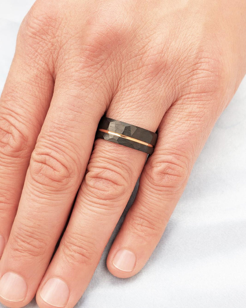 Hammered Tungsten Wedding Ring Set, His and Hers Promise Rings Set, Couples Ring Set, 8mm 6mm Bands, Black & Rose Gold Engagement Rings Set image #10