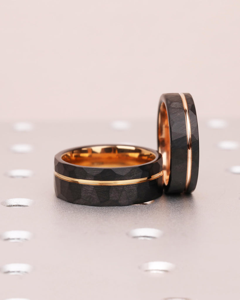 Hammered Tungsten Wedding Ring Set, His and Hers Promise Rings Set, Couples Ring Set, 8mm 6mm Bands, Black & Rose Gold Engagement Rings Set image #7