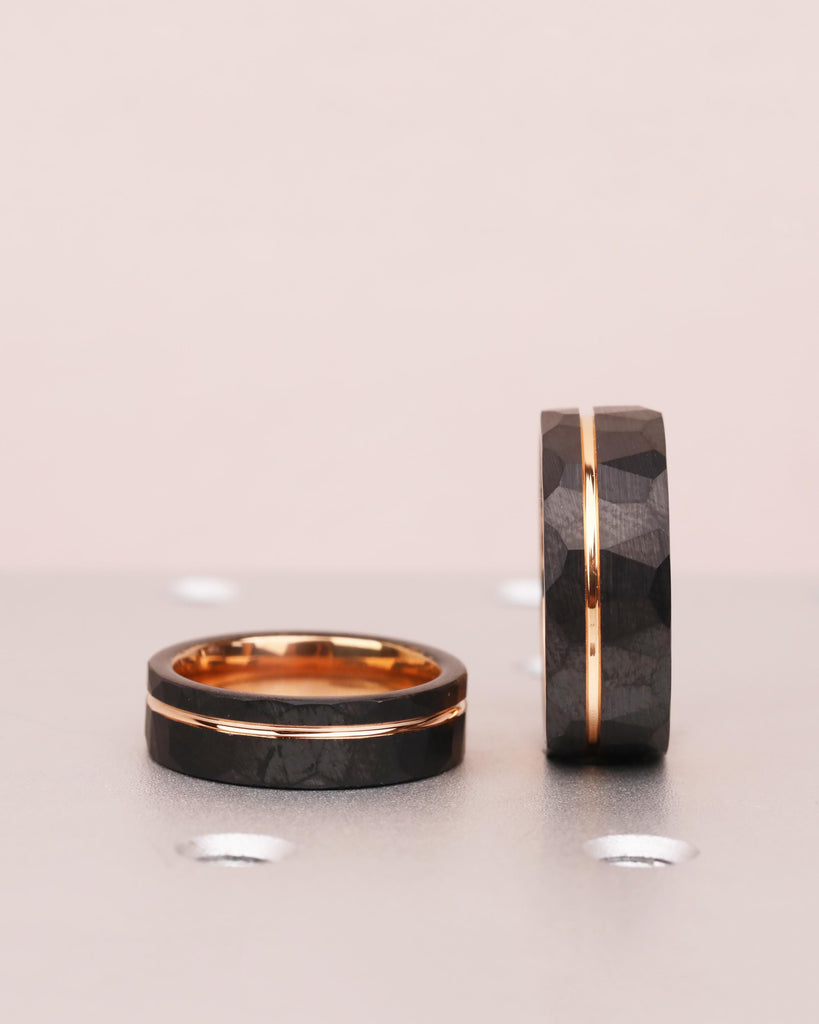 Hammered Tungsten Wedding Ring Set, His and Hers Promise Rings Set, Couples Ring Set, 8mm 6mm Bands, Black & Rose Gold Engagement Rings Set image #6