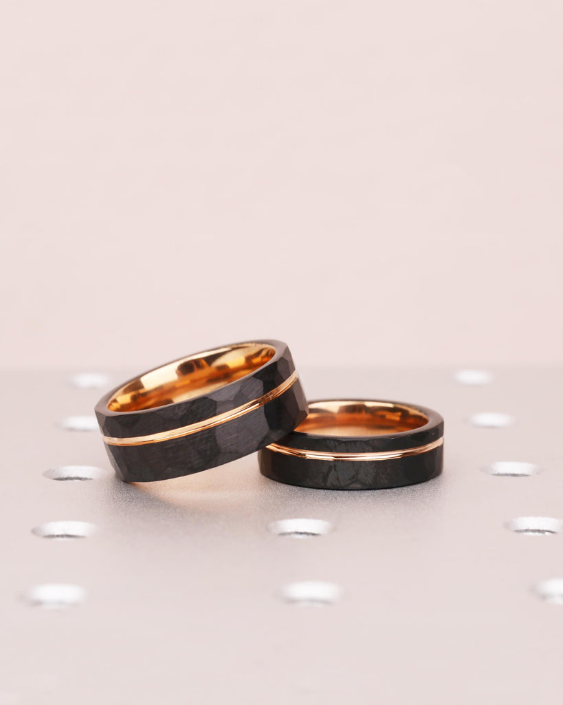 Hammered Tungsten Wedding Ring Set, His and Hers Promise Rings Set, Couples Ring Set, 8mm 6mm Bands, Black & Rose Gold Engagement Rings Set image #4