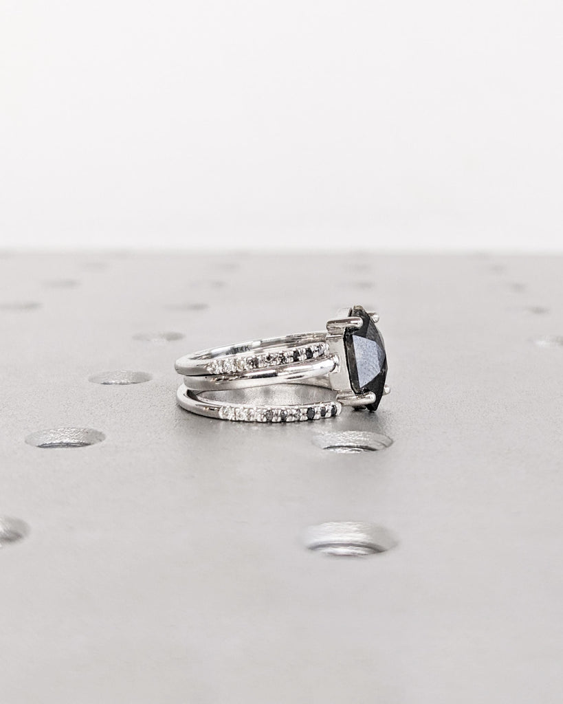 Vintage Hexagon Salt and Pepper Diamond Bridal Set | Art Deco Engagement Ring Set | Open Diamond Wedding Bands | 3 Ring Set | 14K Solid Gold image #6