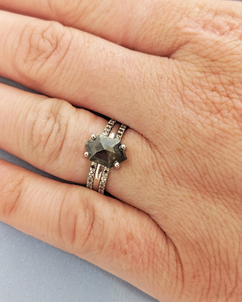 Vintage Hexagon Salt and Pepper Diamond Bridal Set | Art Deco Engagement Ring Set | Open Diamond Wedding Bands | 3 Ring Set | 14K Solid Gold image #10