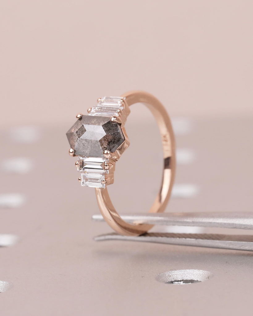 14k Rose Gold Hexagon Salt and Pepper Diamond Engagement Ring with Baguette Side Stones
