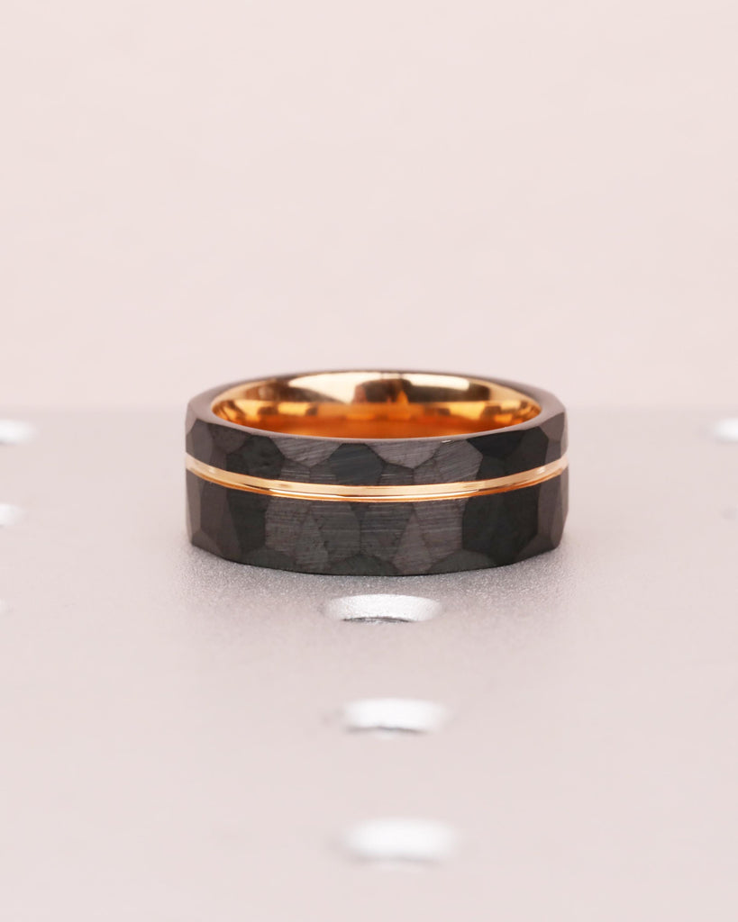 Hammered Tungsten Wedding Ring, Rose Gold Black Tungsten Ring, Men's Wedding Band 8mm, Two Tone, Comfort Fit, Black Wedding Rings for Men