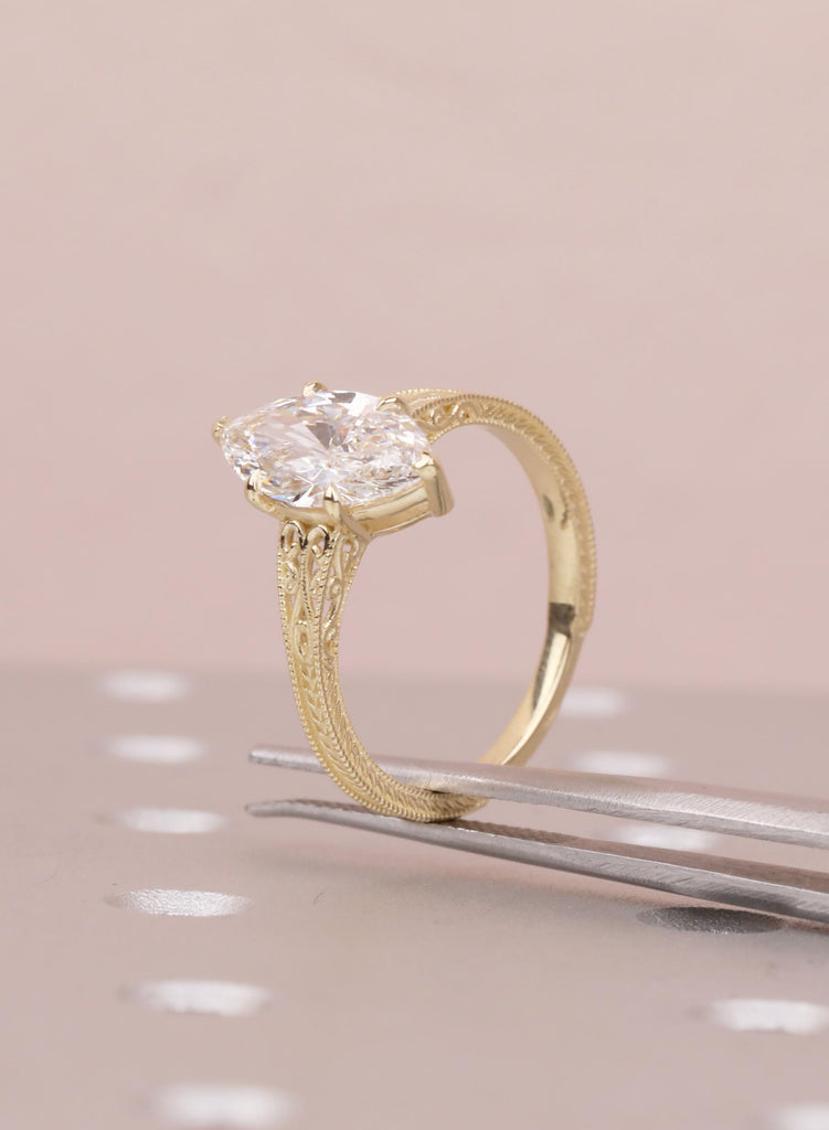 Vintage Heirloom Lab Grown Diamond Engagement Ring For Her, Marquise Cut Victorian Filigree Band, 14k Yellow Gold Wedding Rings for Women