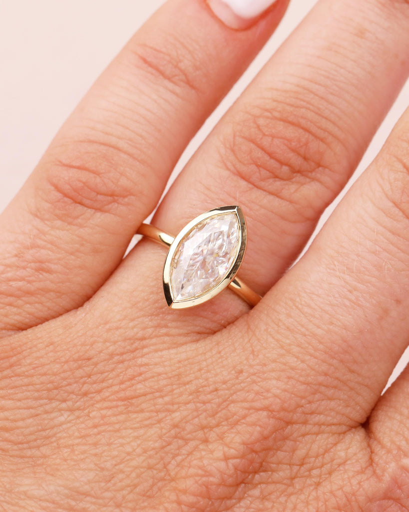 18k Solid Gold Lab Created Diamond Marquise Ring, Bezel Engagement Ring image #10