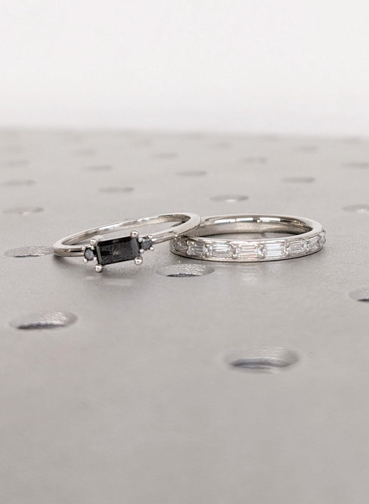 Dainty Baguette Salt and Pepper Diamond Ring Set | Simple Promise Ring | Engagement Ring Set | Stackable Moissanite Wedding Band Set for Her image #3