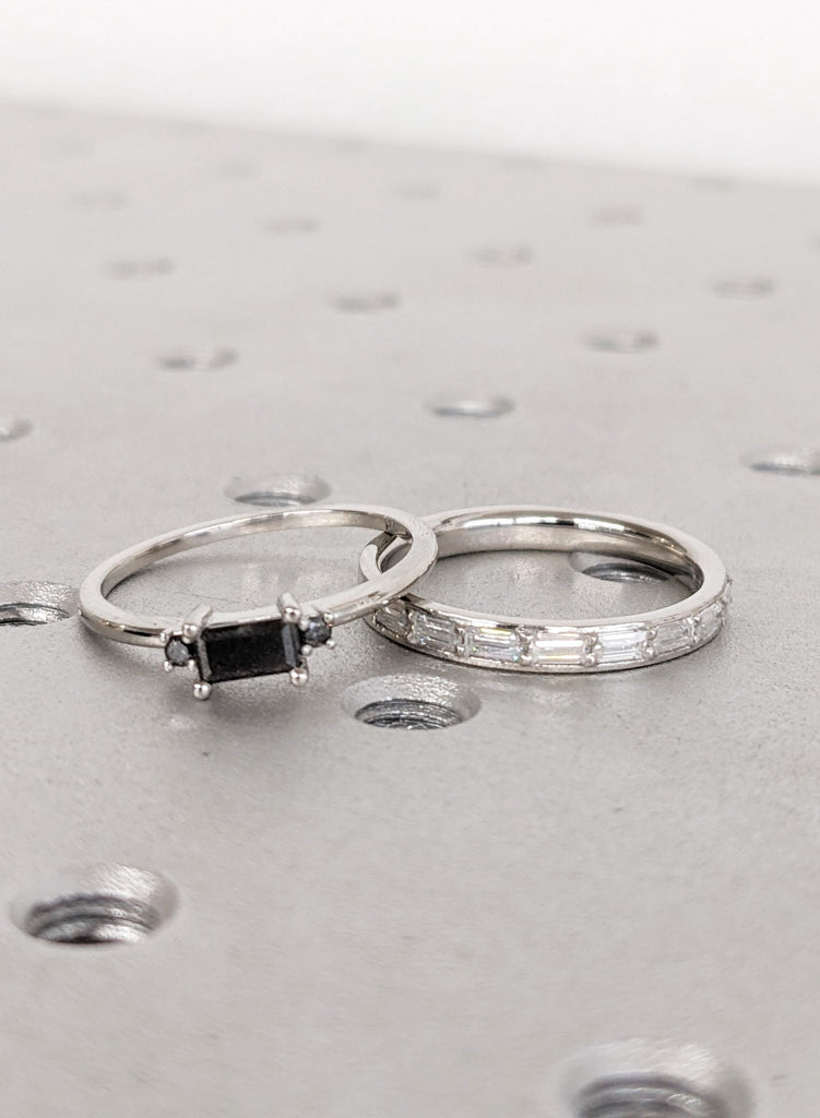 Art Deco Baguette Salt & Pepper Diamond Wedding Set Black Diamond Engagement Ring Lab Grown Diamond Matching Band Modern Minimalist Rings