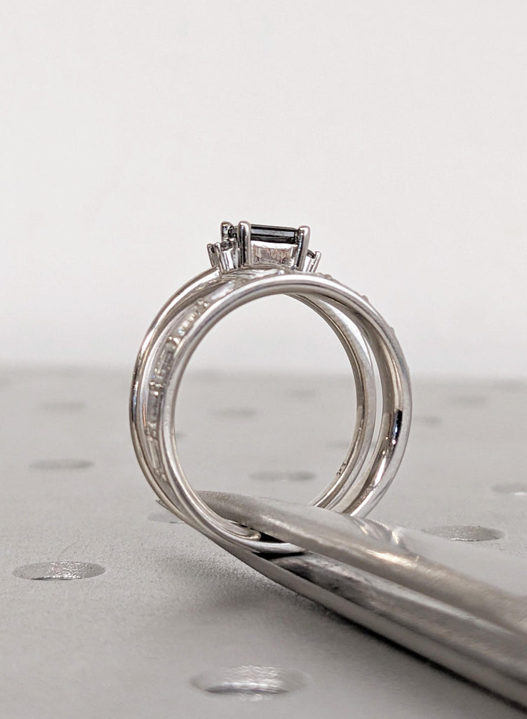 Dainty Baguette Salt and Pepper Diamond Ring Set | Simple Promise Ring | Engagement Ring Set | Stackable Moissanite Wedding Band Set for Her image #11