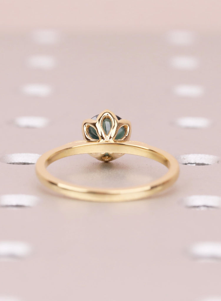 18K Yellow Gold Teal Sapphire Engagement Ring, Tulip Flower Setting, Nature Inspired Solitaire image #7