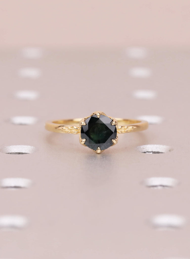 18K Yellow Gold Teal Sapphire Engagement Ring, Tulip Flower Setting, Nature Inspired Solitaire image #5