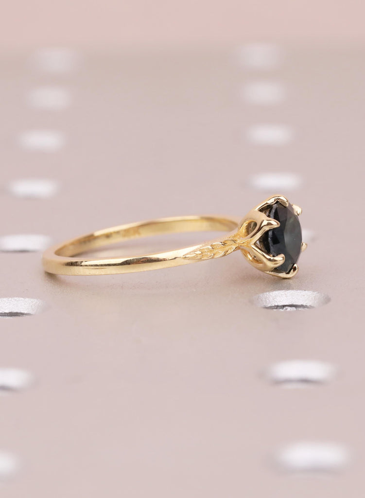 18K Yellow Gold Teal Sapphire Engagement Ring, Tulip Flower Setting, Nature Inspired Solitaire