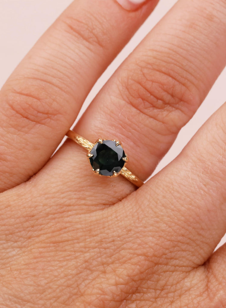 18K Yellow Gold Teal Sapphire Engagement Ring, Tulip Flower Setting, Nature Inspired Solitaire image #16