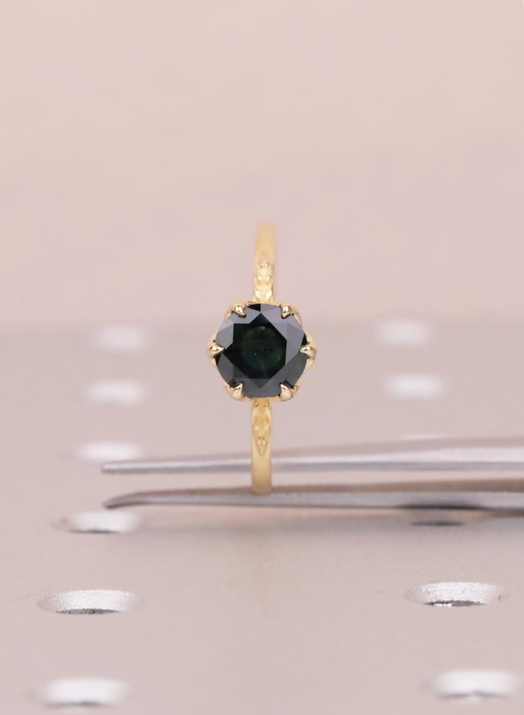 18K Yellow Gold Teal Sapphire Engagement Ring, Tulip Flower Setting, Nature Inspired Solitaire image #10