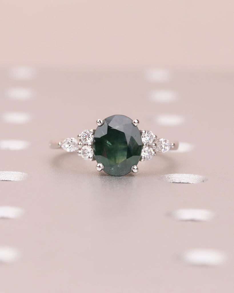 Oval Teal Sapphire Engagement Ring, Art Deco 14k Gold Wedding Rings for Women, Round, Marquise Diamond Cluster Ring, Birthstone Jewelry image #16
