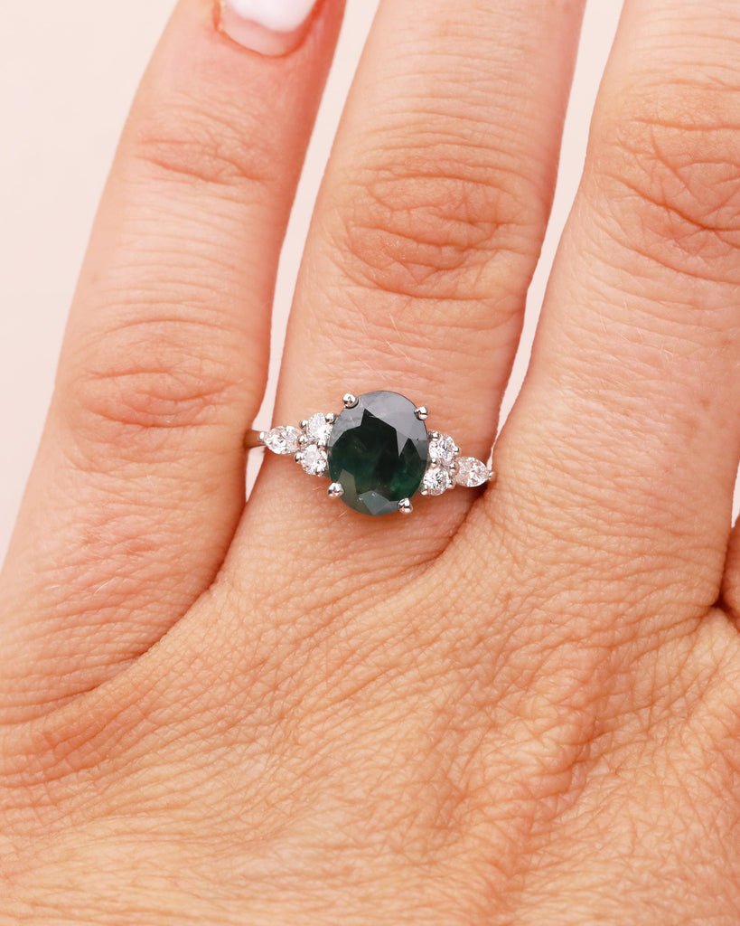 Oval Teal Sapphire Engagement Ring, Art Deco 14k Gold Wedding Rings for Women, Round, Marquise Diamond Cluster Ring, Birthstone Jewelry image #14