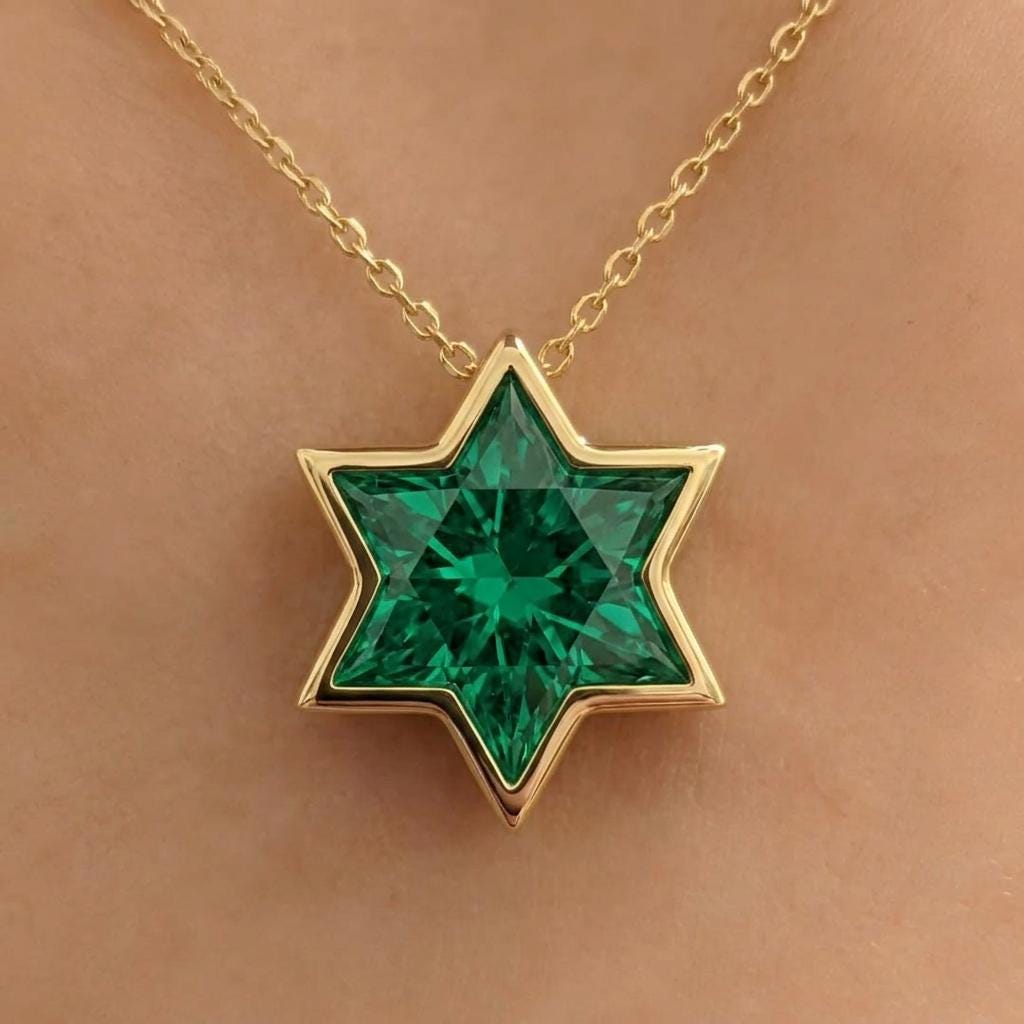 1.25ct Green Emerald Star of David Necklace, Jewish Star Charm, Yellow Gold Magen David, Star of David Necklace, Jewish Star of David Necklace